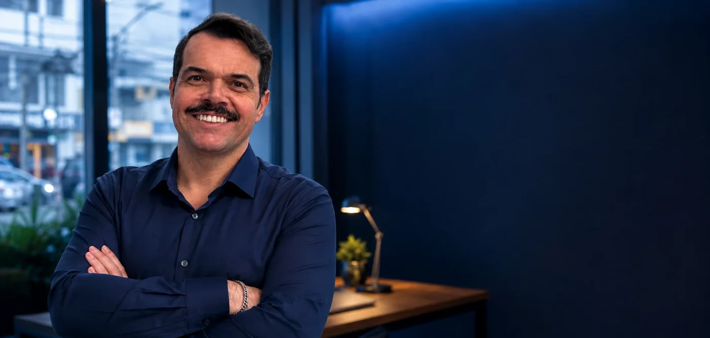Fabiano Teixeira, fundador da agência Fabiano Tex, de braços cruzados e sorrindo