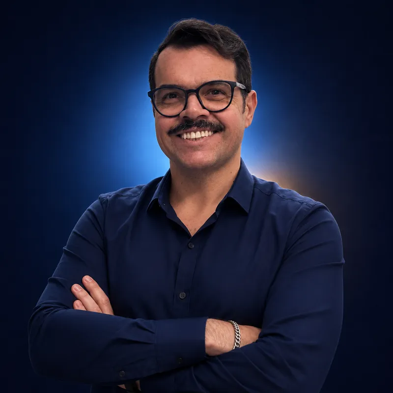 Fabiano Teixeira, da agência Fabiano Tex, de braços cruzados e sorrindo